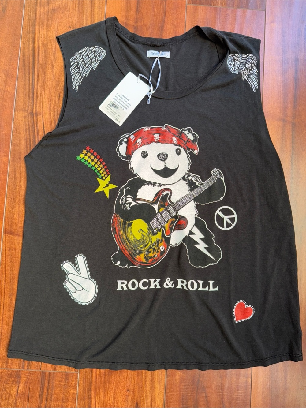 Lauren Moshi Black Muscle Tee with Multicolor Bear Guitar Graphic